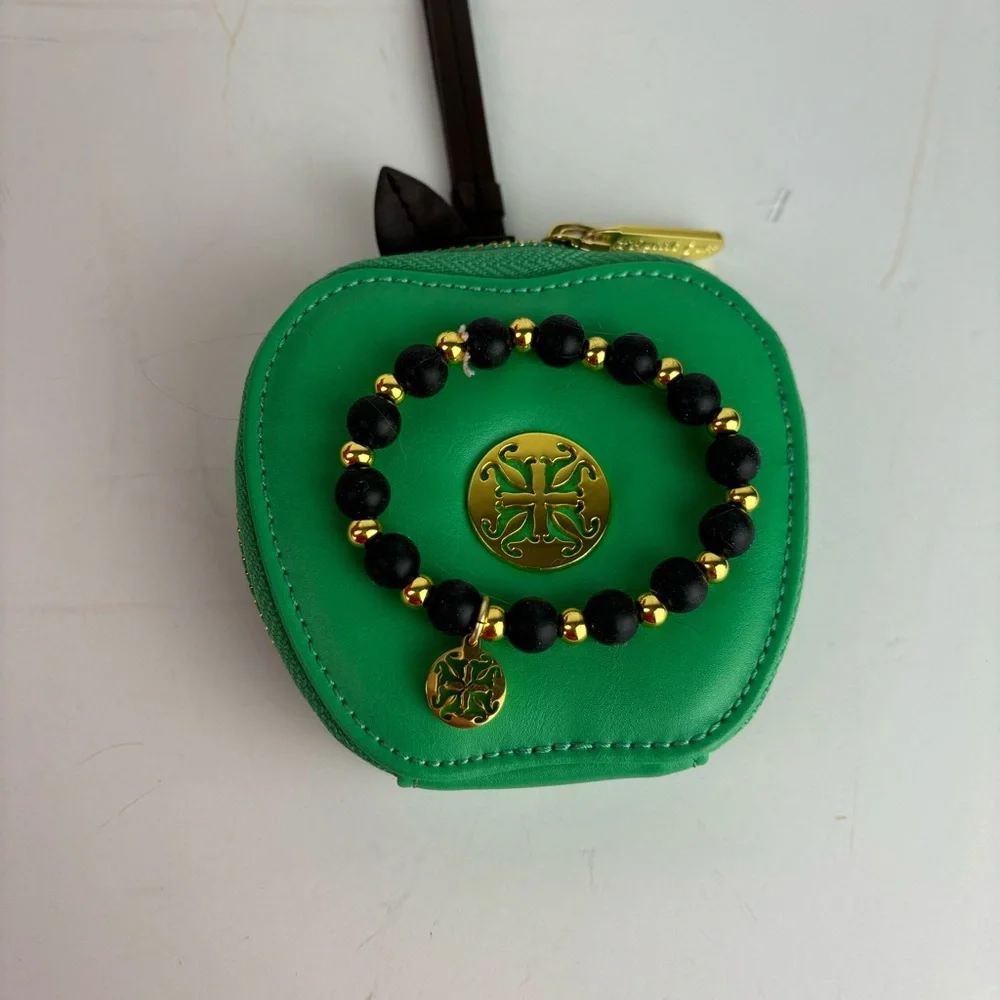 Rustic Cuff Girls stretch black bead bracelet & Erin Green Apple Wristlet